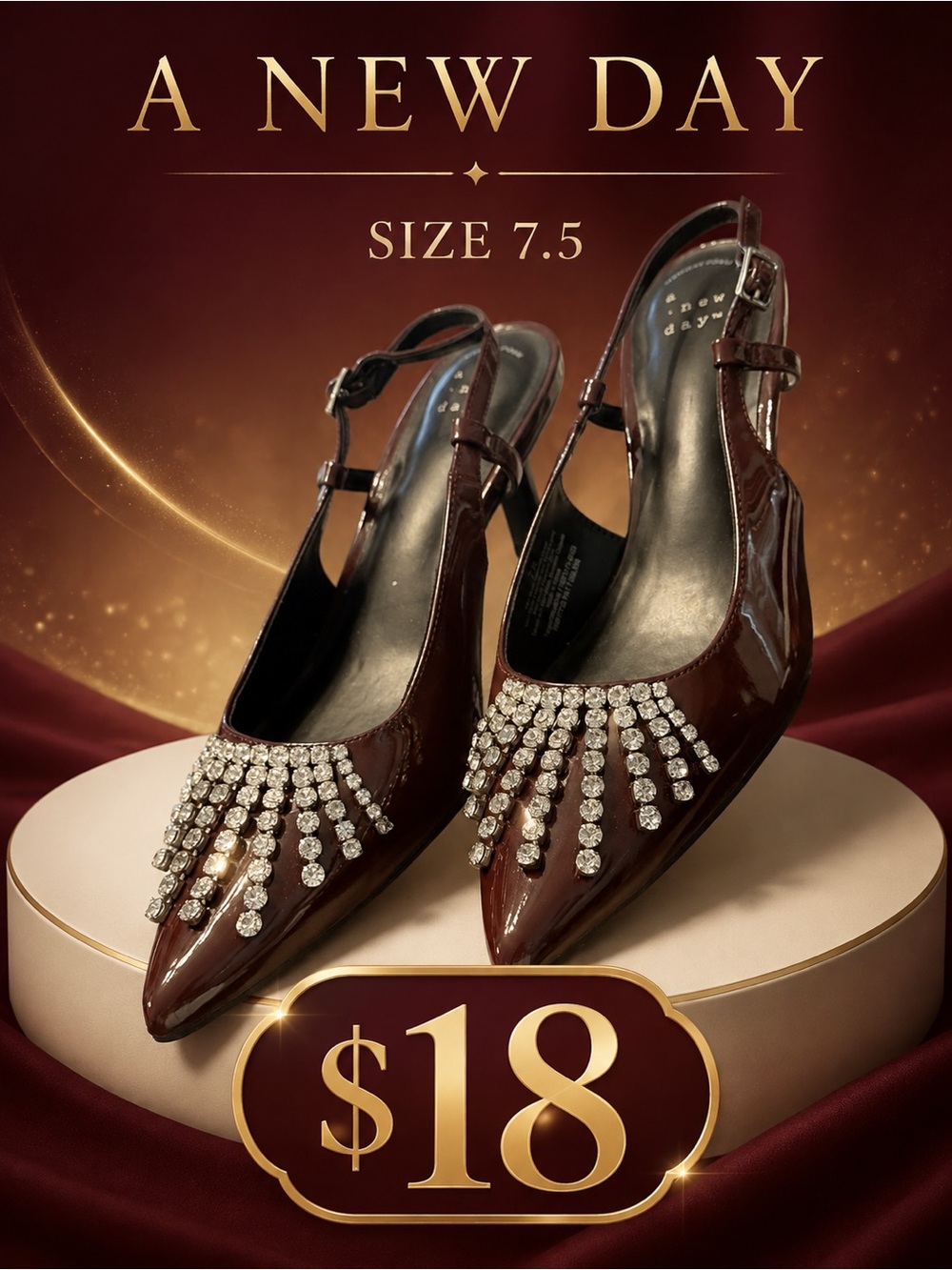 a new day Brown Patent Slingback Mules with Rhinestone Fringe